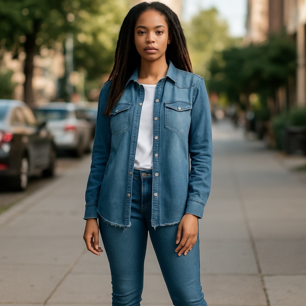 #41 American Eagle Blue Ombré Boyfriend Fit Denim Pearl Snap Front Shirt Small